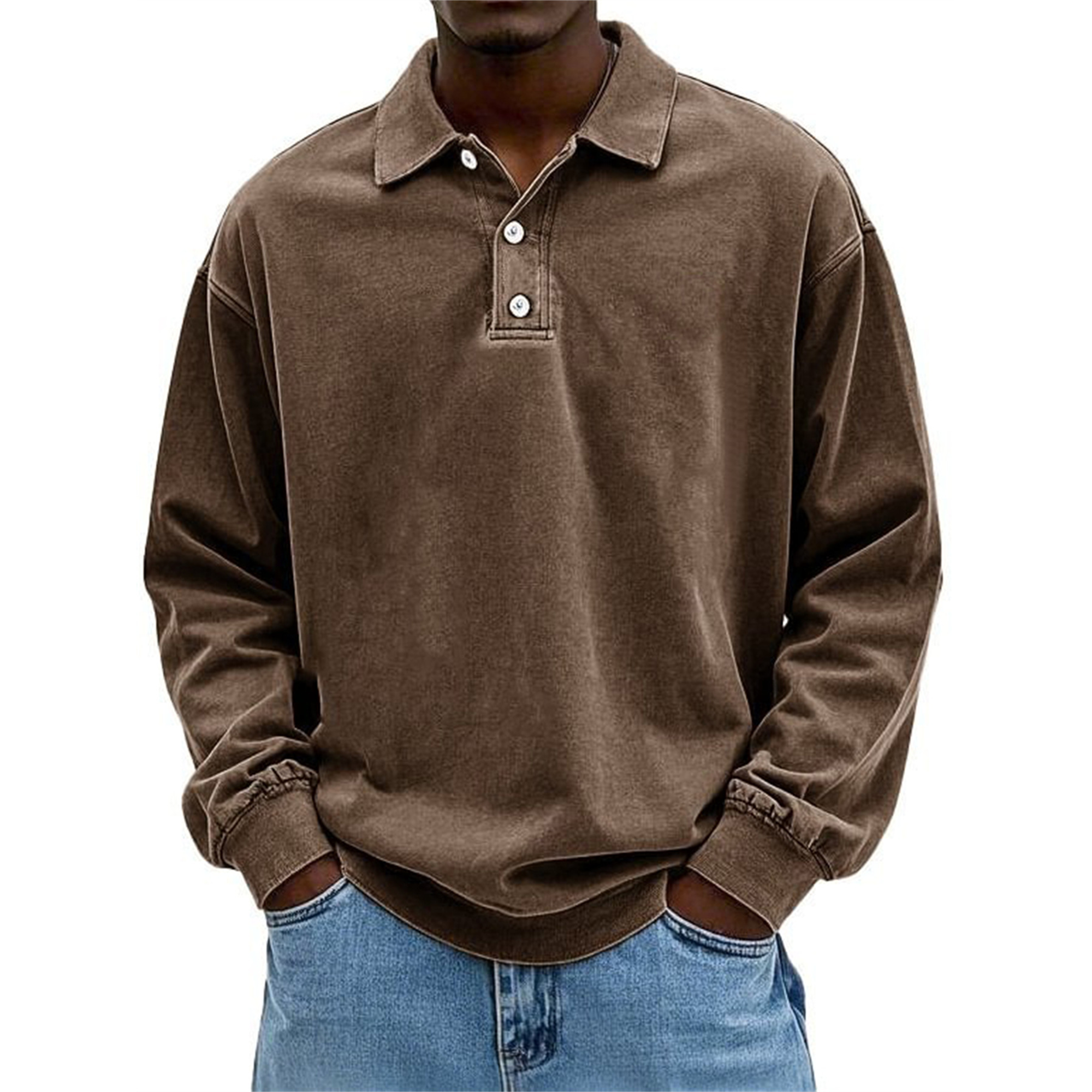 Men's Solid Color Long Sleeve Polo Shirt