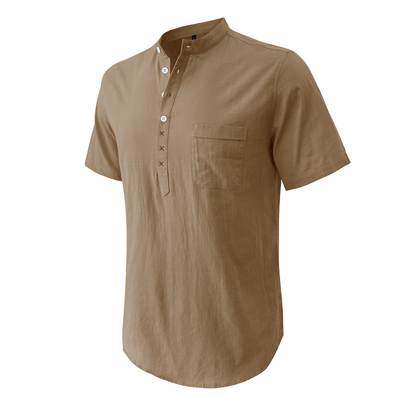 Men's Cotton Linen Short Sleeve Henley Shirt