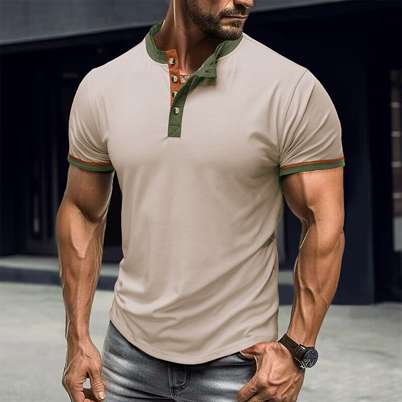 Men's Color Block Short Sleeve Henley T-Shirt