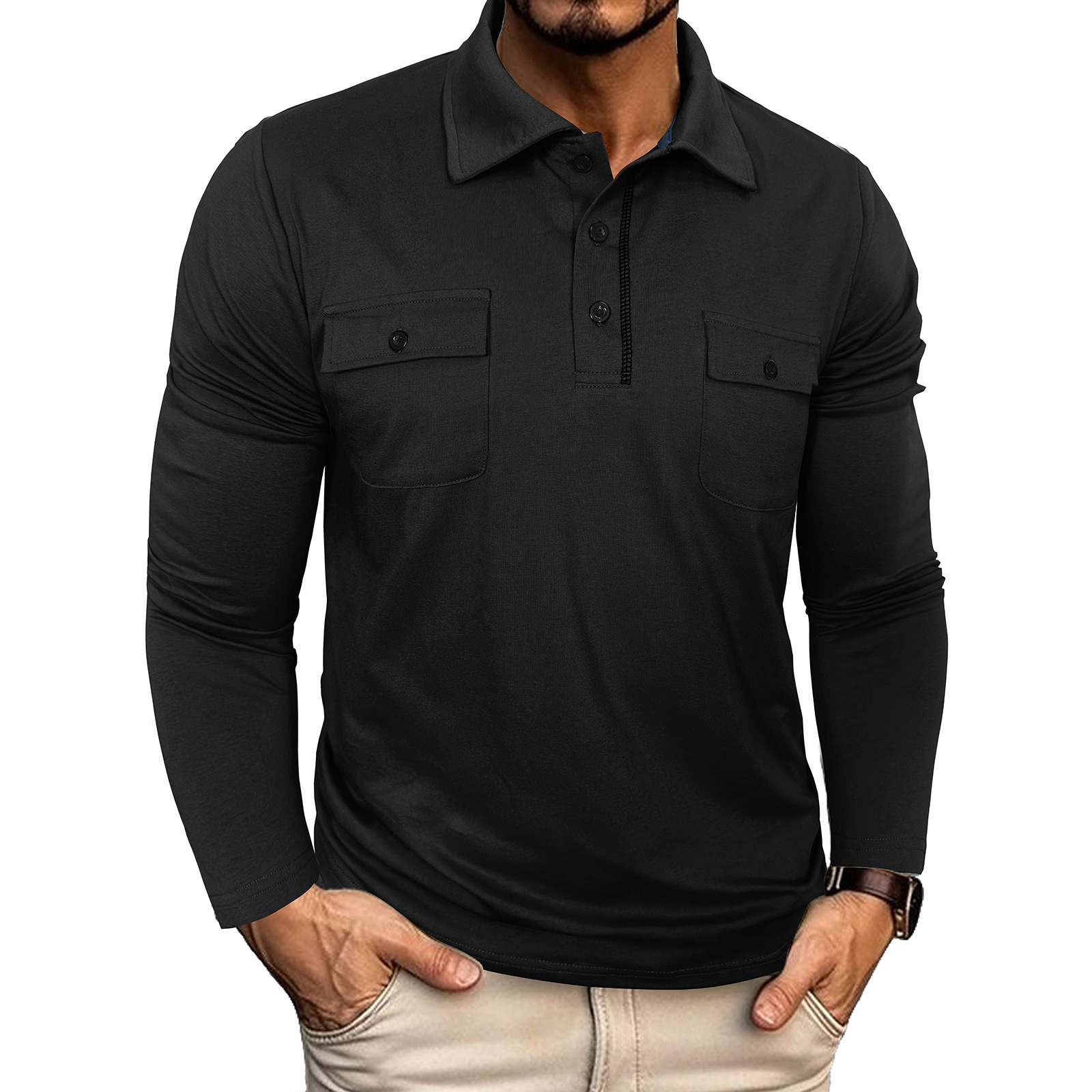 Men's Long Sleeve Cotton Pocket Polo Shirt