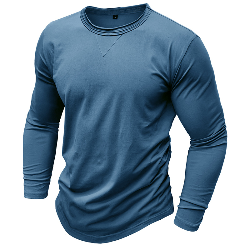 Men's Cotton Solid Color Round Neck Long Sleeve T-shirt