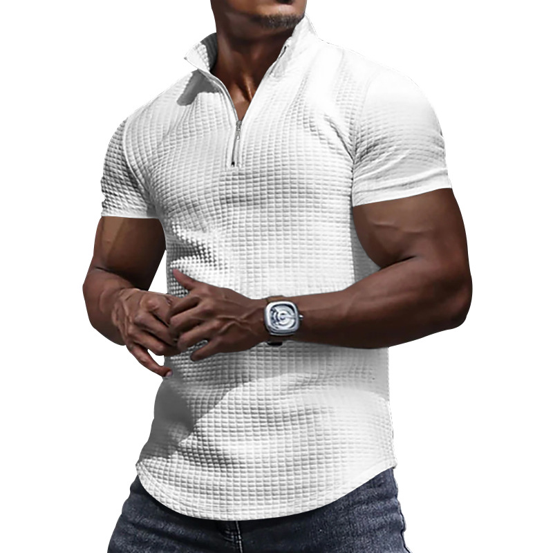 Men's Checkered Half Zipper Short Sleeve Polo Shirt