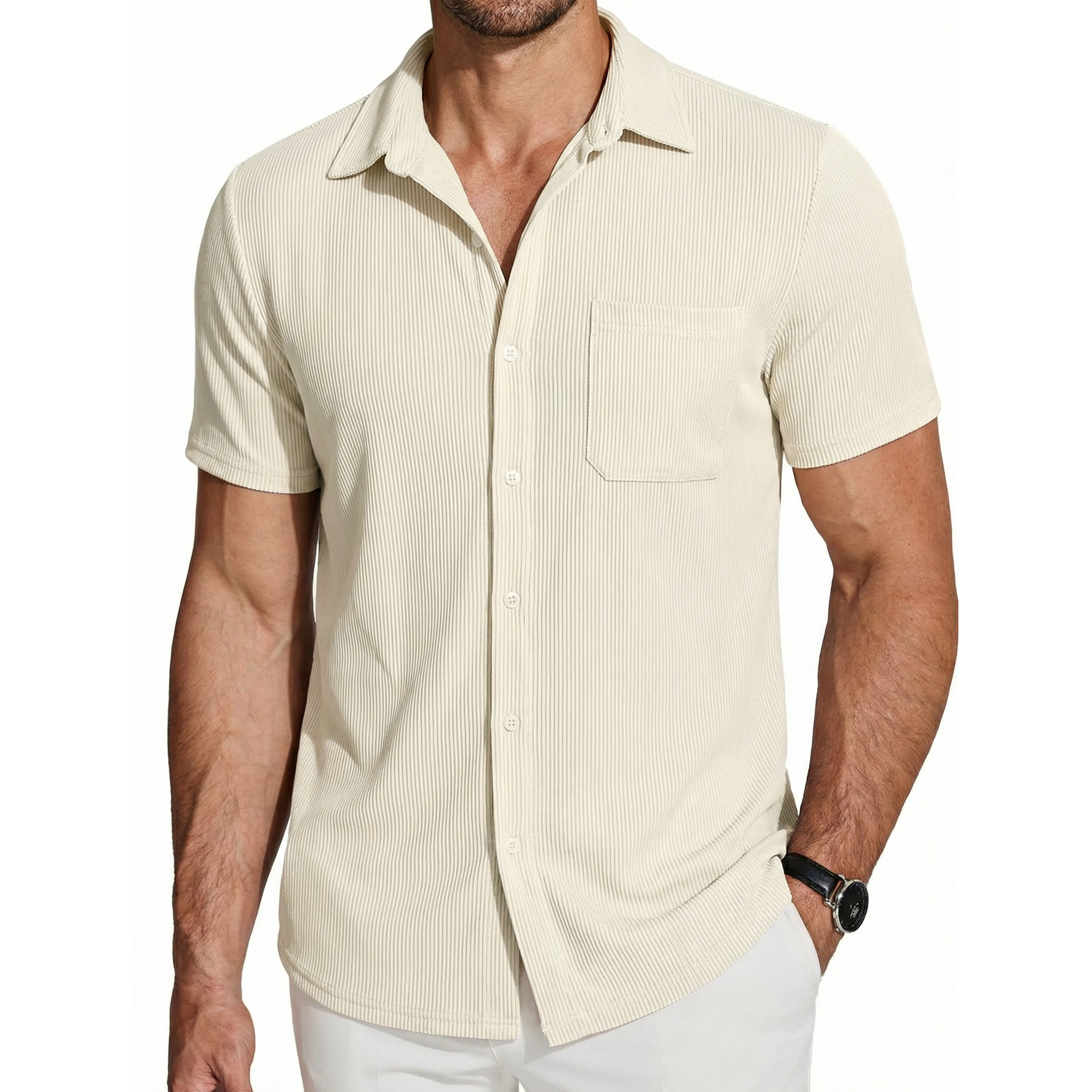 Men's Vertical Stripe Textured Short Sleeve Button-Up Shirt