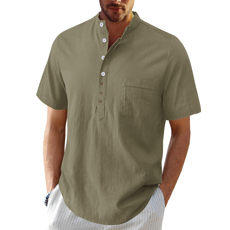 Men's Cotton Linen Short Sleeve Henley Shirt