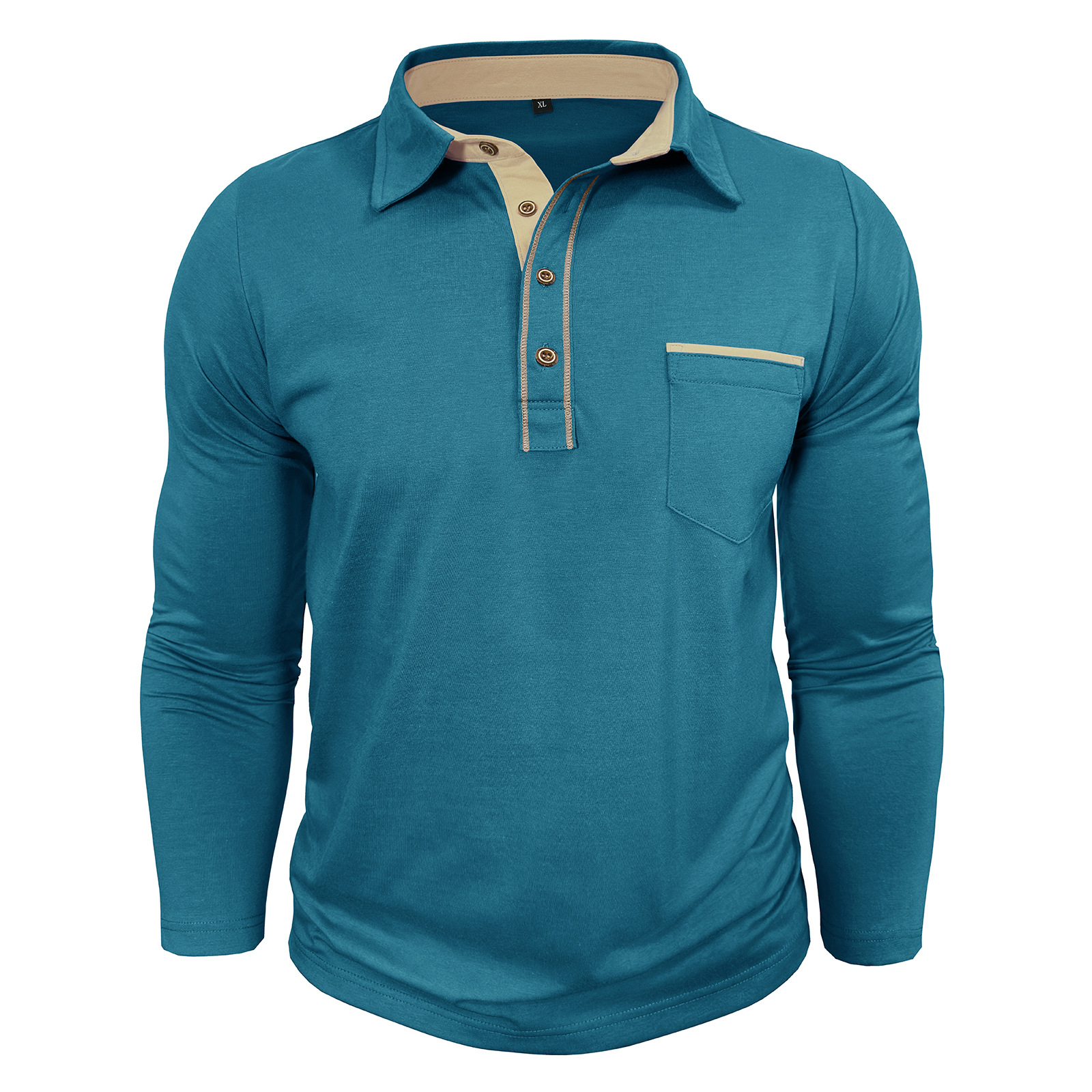 Men’s Colorblock Pocket Long Sleeve Polo Shirt