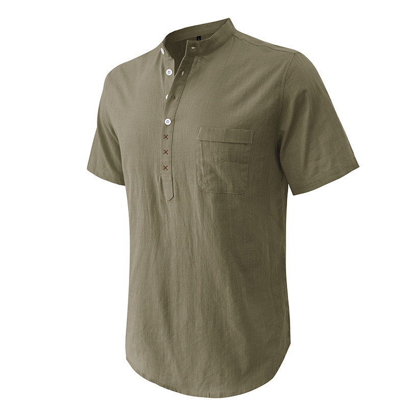 Men's Cotton Linen Short Sleeve Henley Shirt