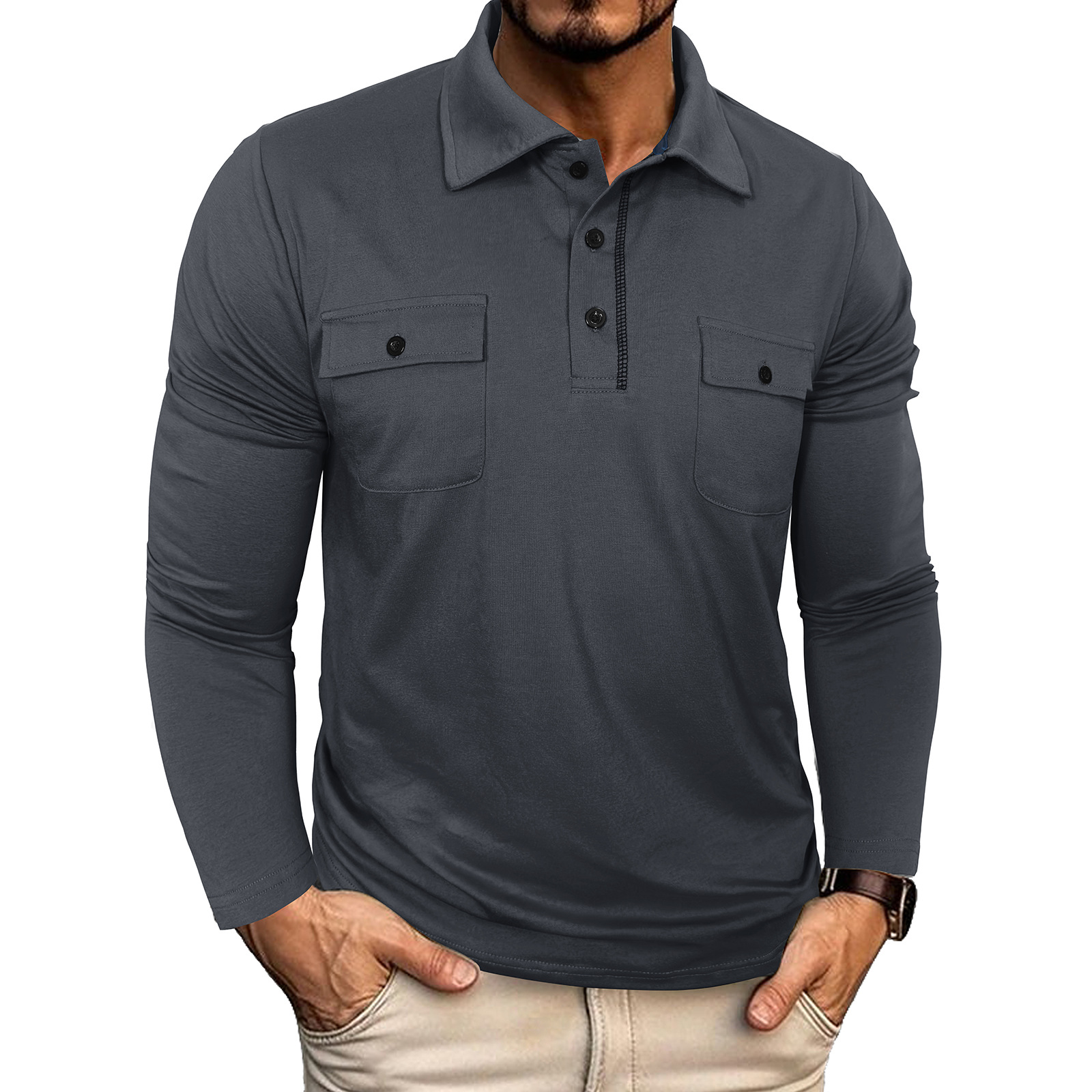 Men's Long Sleeve Cotton Pocket Polo Shirt