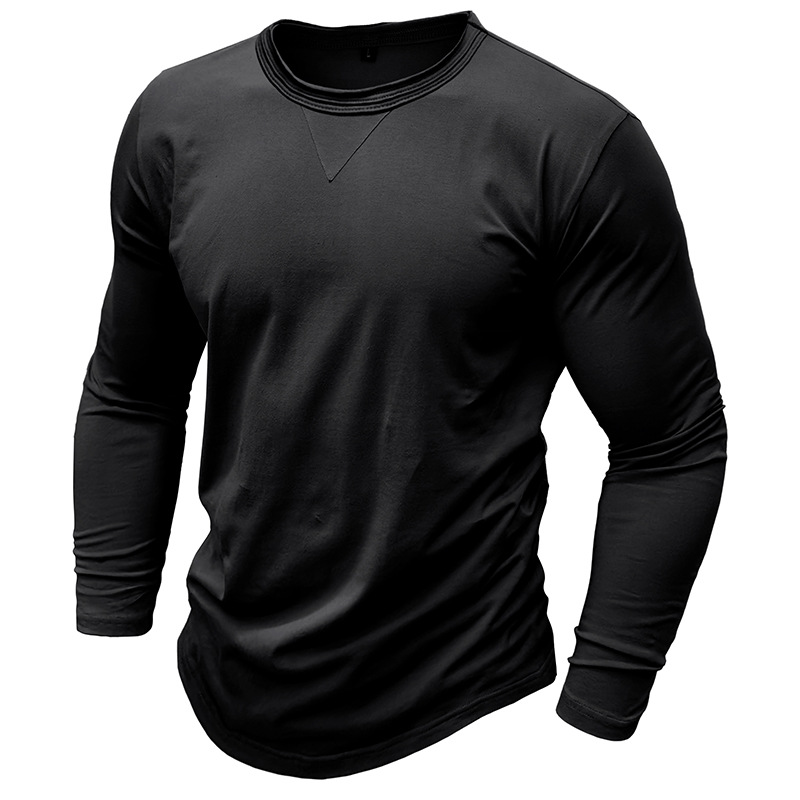 Men's Cotton Solid Color Round Neck Long Sleeve T-shirt