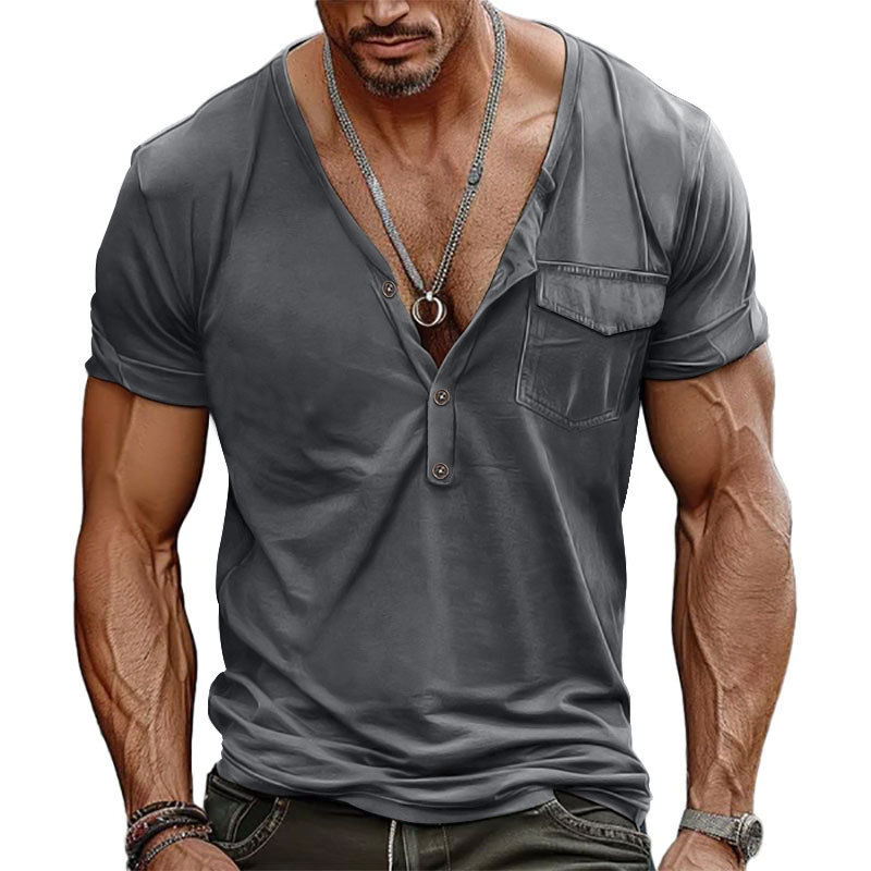 Men's Solid Color Short Sleeve Henley T-Shirt