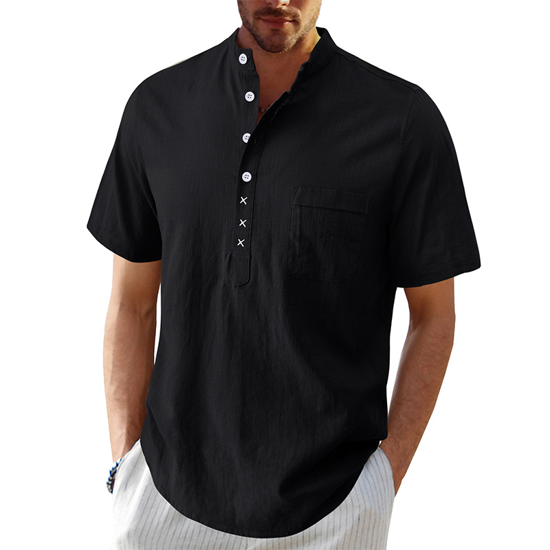 Men's Cotton Linen Short Sleeve Henley Shirt