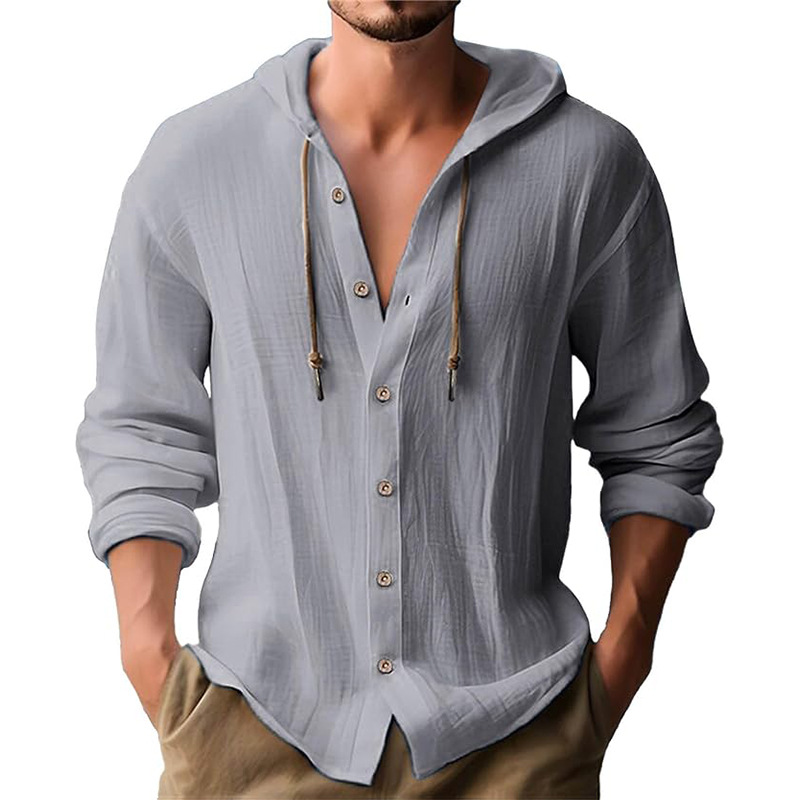 Men's Solid Color Drawstring Long Sleeve Shirt
