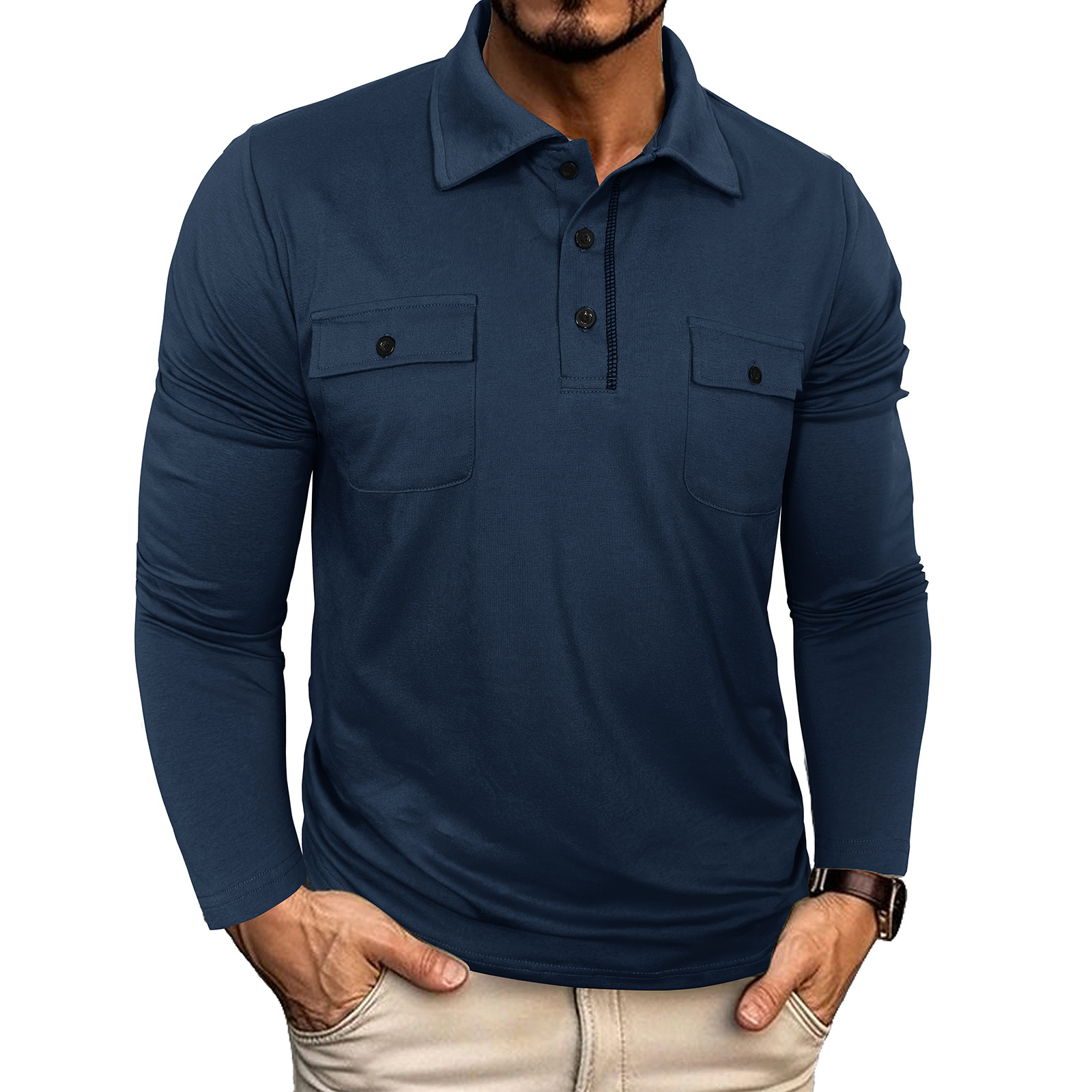 Men's Long Sleeve Cotton Pocket Polo Shirt