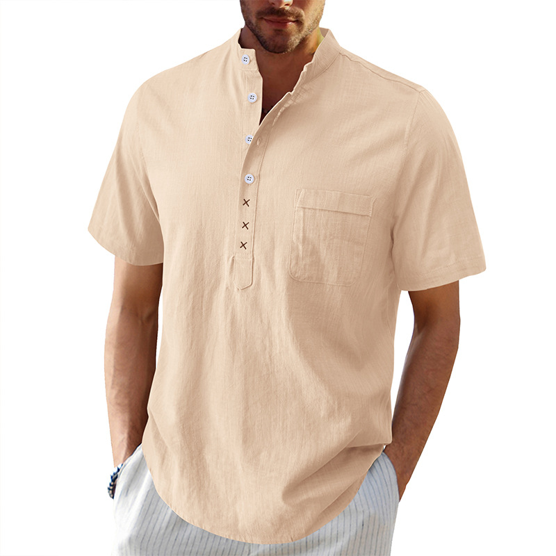 Men's Cotton Linen Short Sleeve Henley Shirt