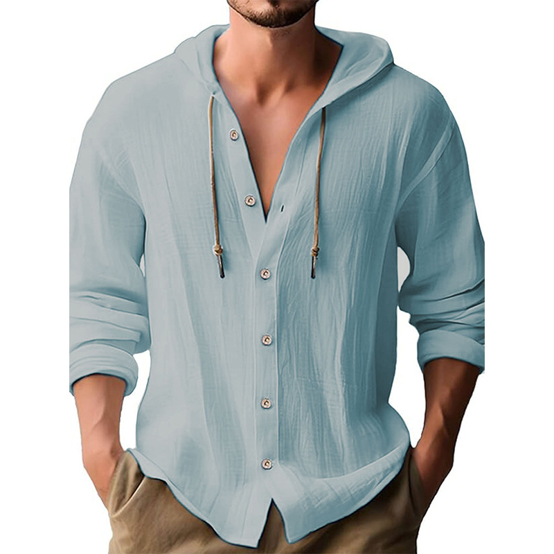 Men's Solid Color Drawstring Long Sleeve Shirt