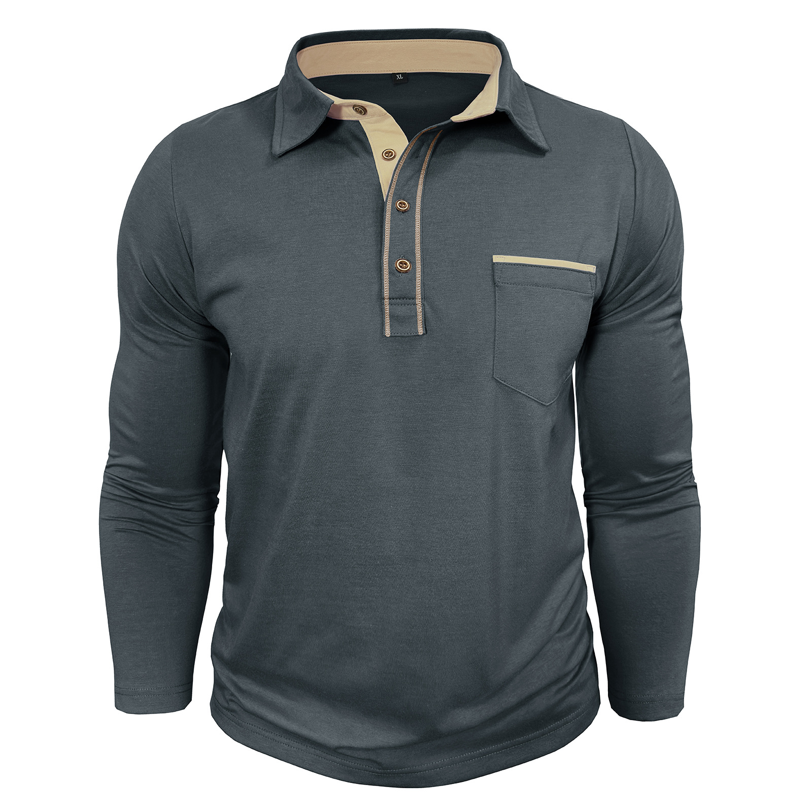 Men’s Colorblock Pocket Long Sleeve Polo Shirt