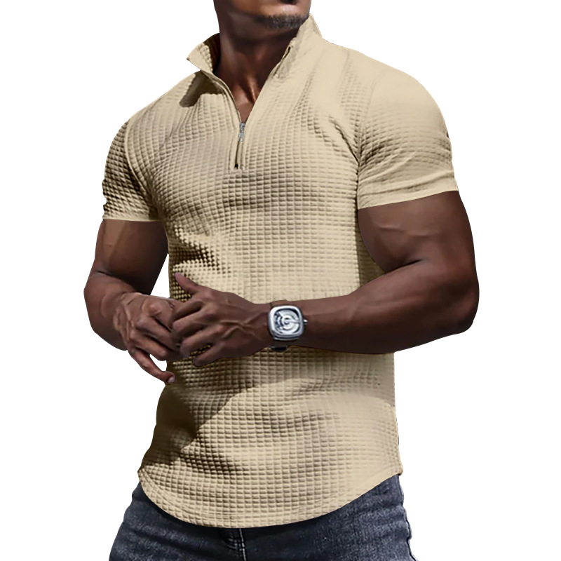 Men's Checkered Half Zipper Short Sleeve Polo Shirt