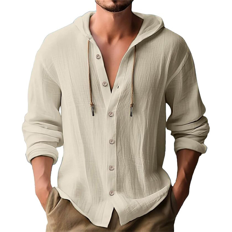 Men's Solid Color Drawstring Long Sleeve Shirt