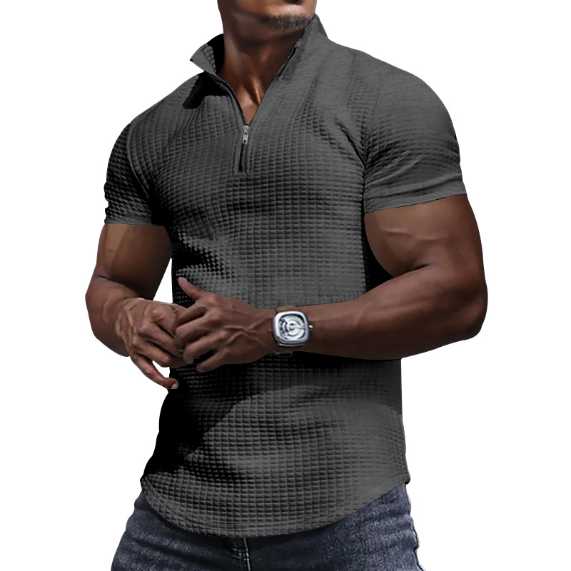 Men's Checkered Half Zipper Short Sleeve Polo Shirt