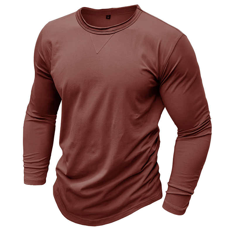 Men's Cotton Solid Color Round Neck Long Sleeve T-shirt