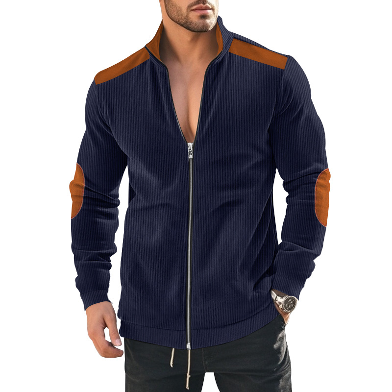 Men's Corduroy Colorblock Stand Collar Zipper Jacket