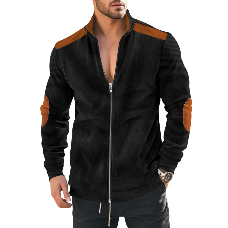 Men's Corduroy Colorblock Stand Collar Zipper Jacket