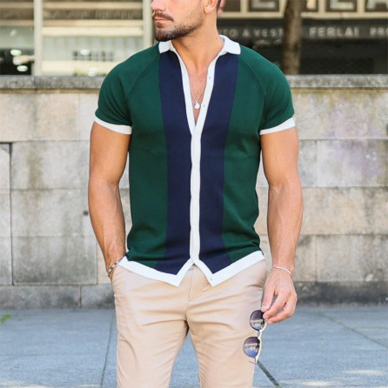 Men's Striped Color Block Short Sleeve Knitted Polo Shirt