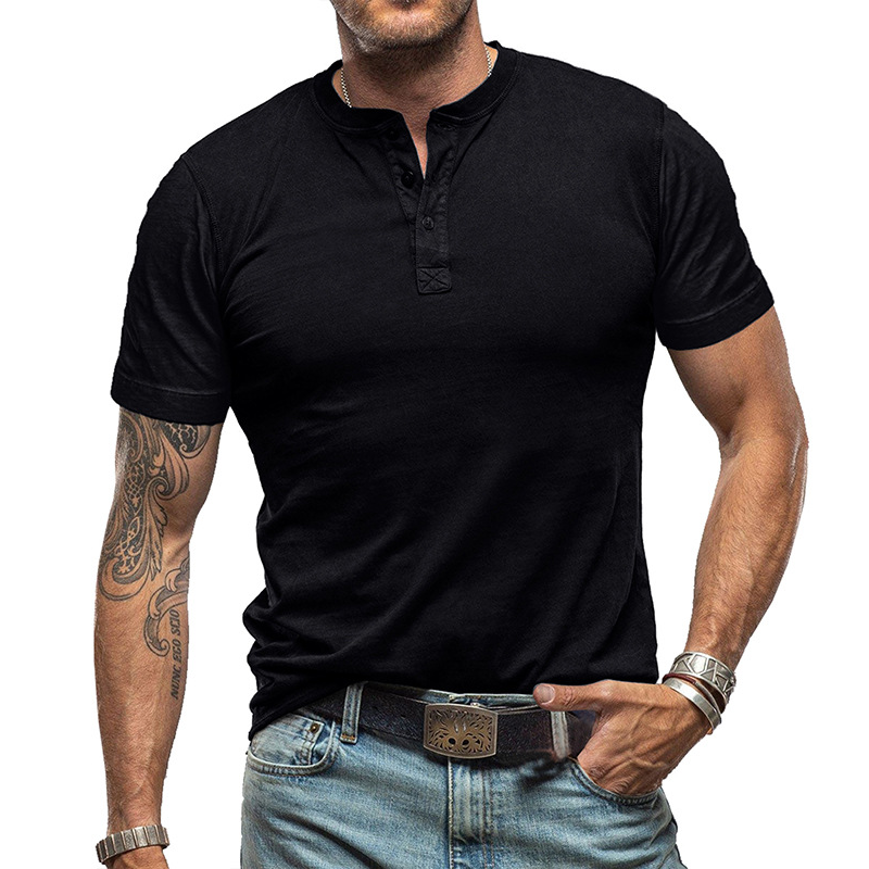 Men's Solid Color Crew Neck Short Sleeve Henley T-Shirt