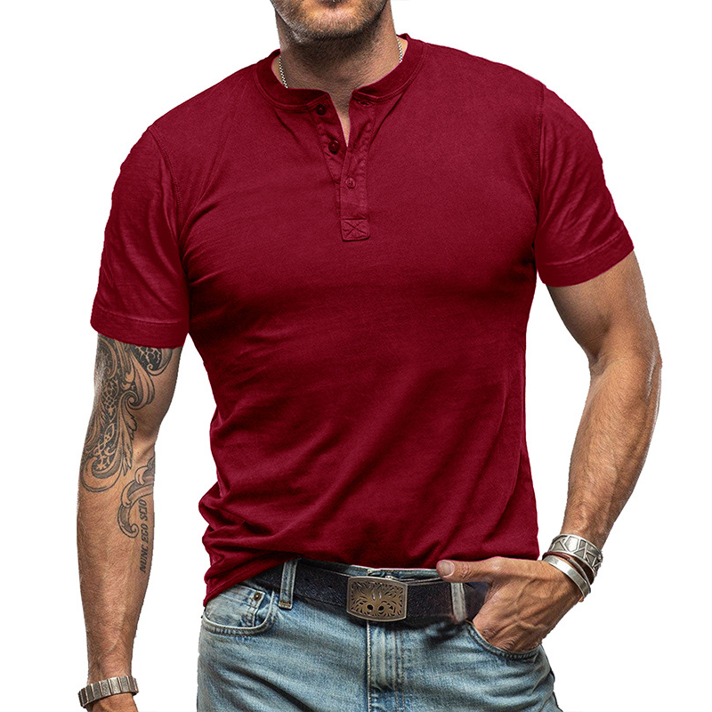 Men's Solid Color Crew Neck Short Sleeve Henley T-Shirt