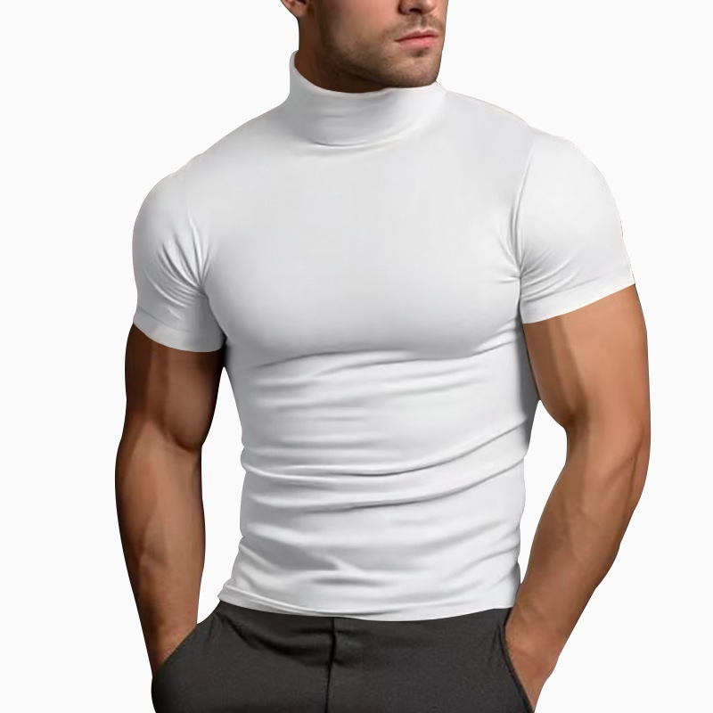 Men's Solid Color Slim Fit Half Turtleneck Short Sleeve T-Shirt