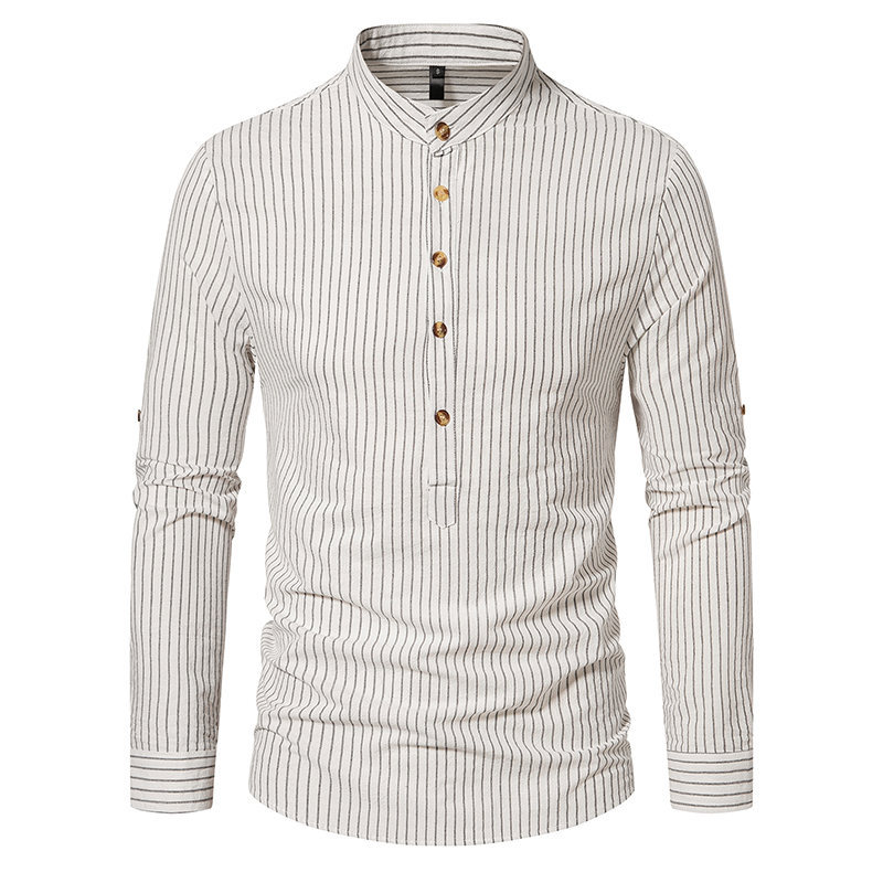 Men's Striped Henley Collar Long Sleeve Shirt
