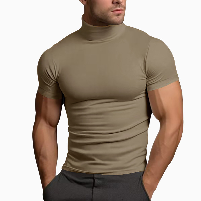 Men's Solid Color Slim Fit Half Turtleneck Short Sleeve T-Shirt