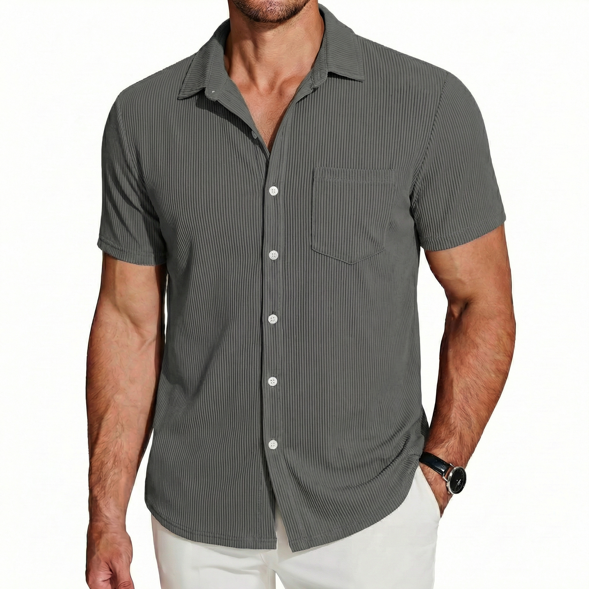 Men's Vertical Stripe Textured Short Sleeve Button-Up Shirt