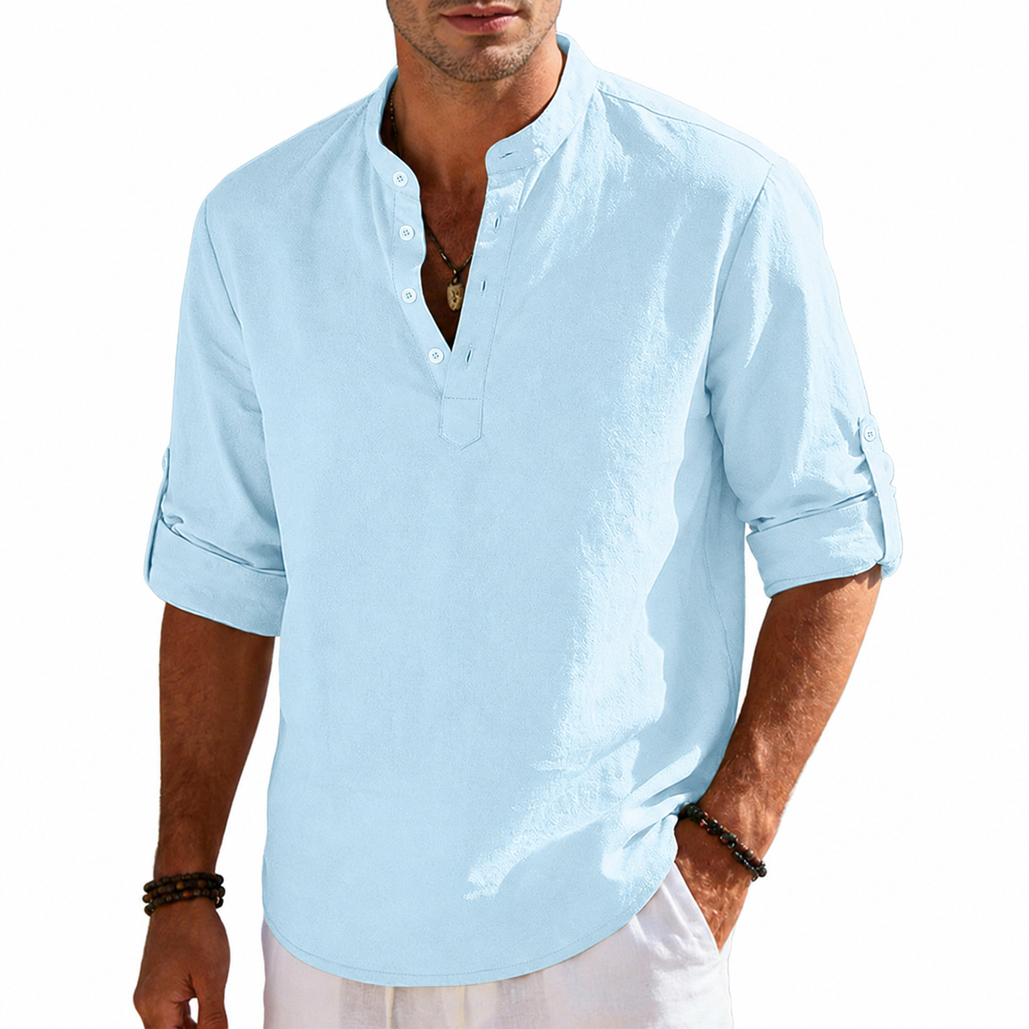 Men's Cotton Linen Long Sleeve Henley Shirts
