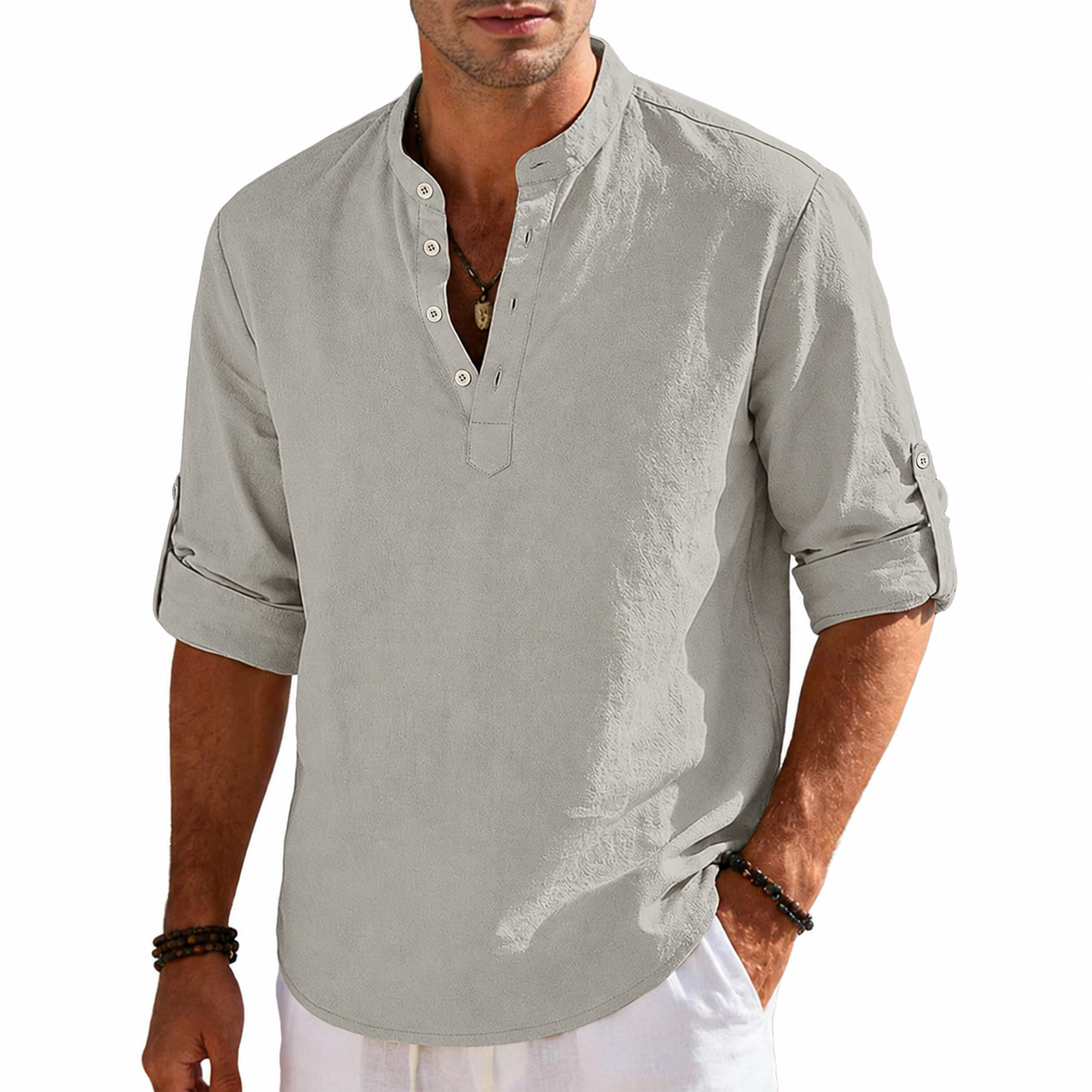 Men's Cotton Linen Long Sleeve Henley Shirts