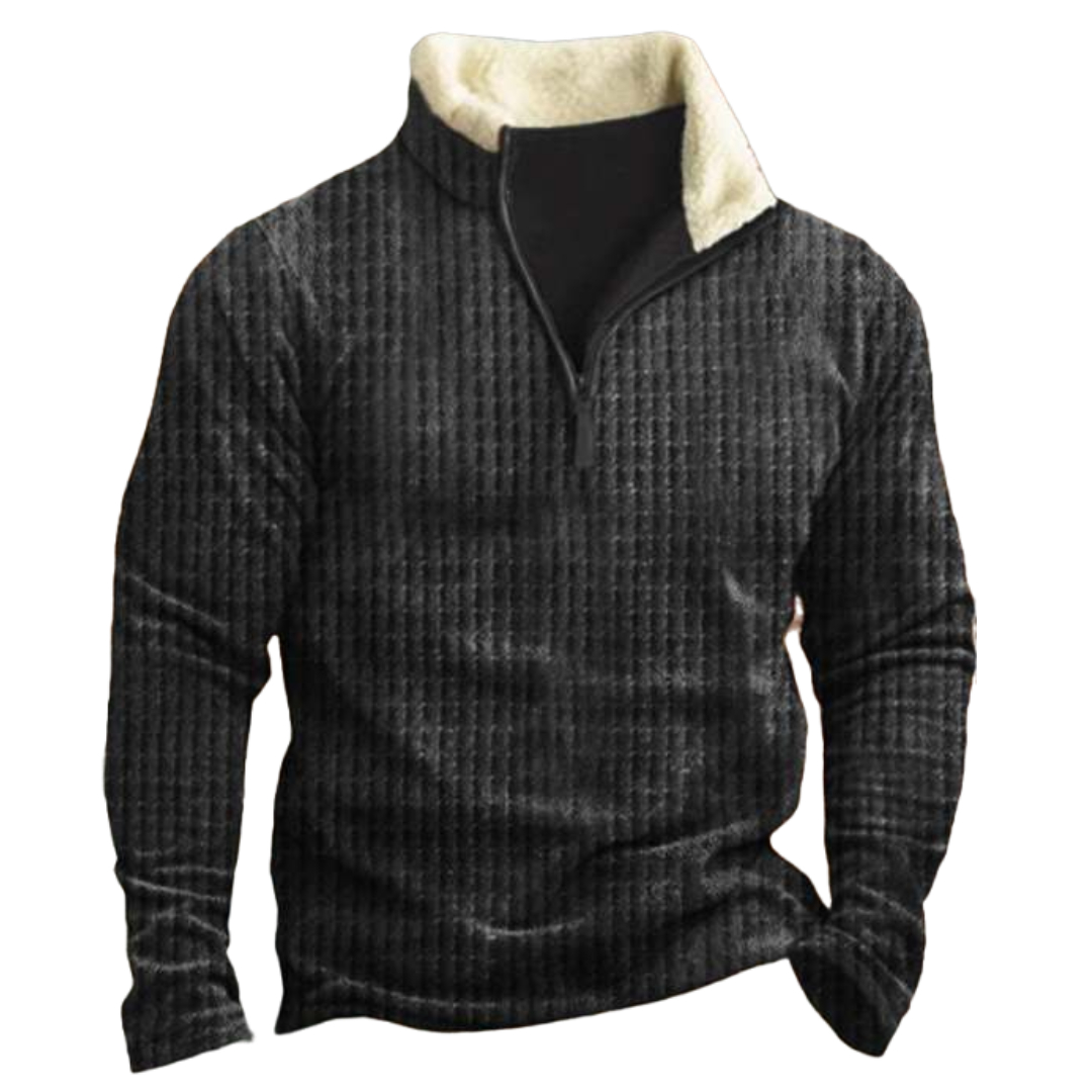 Zipper Stand Collar Solid Waffle Casual Sweatshirt