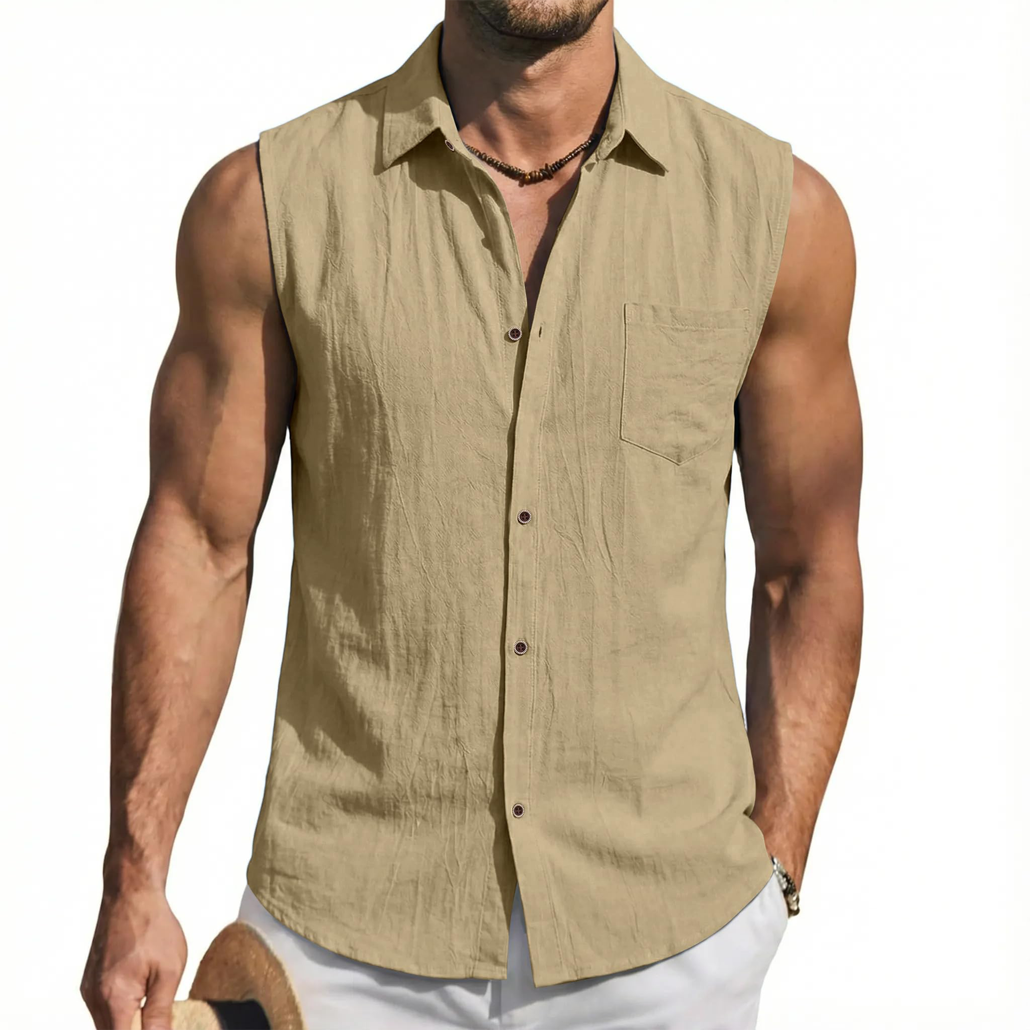 Mens Linen Sleeveless Button Down Tank Shirt
