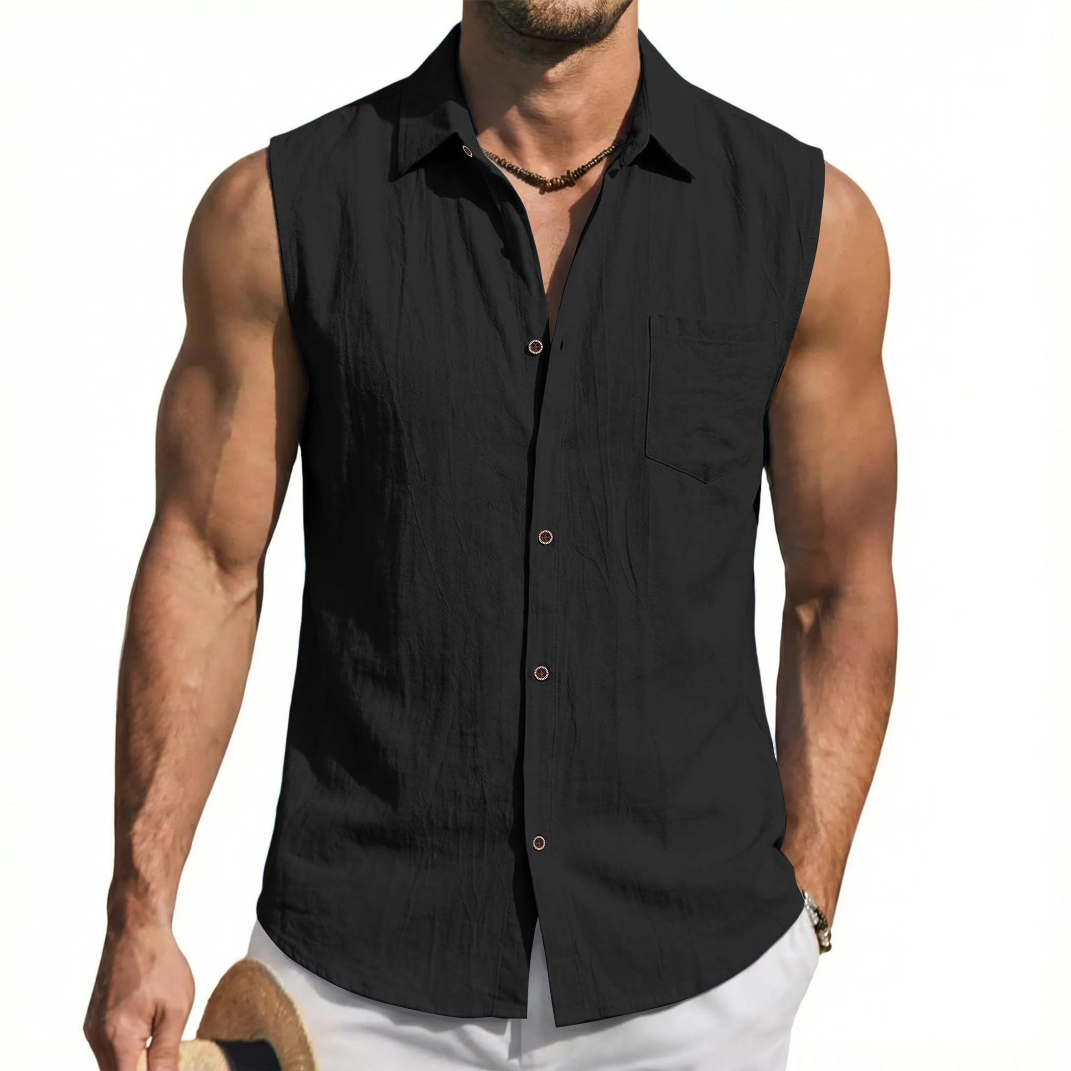 Mens Linen Sleeveless Button Down Tank Shirt