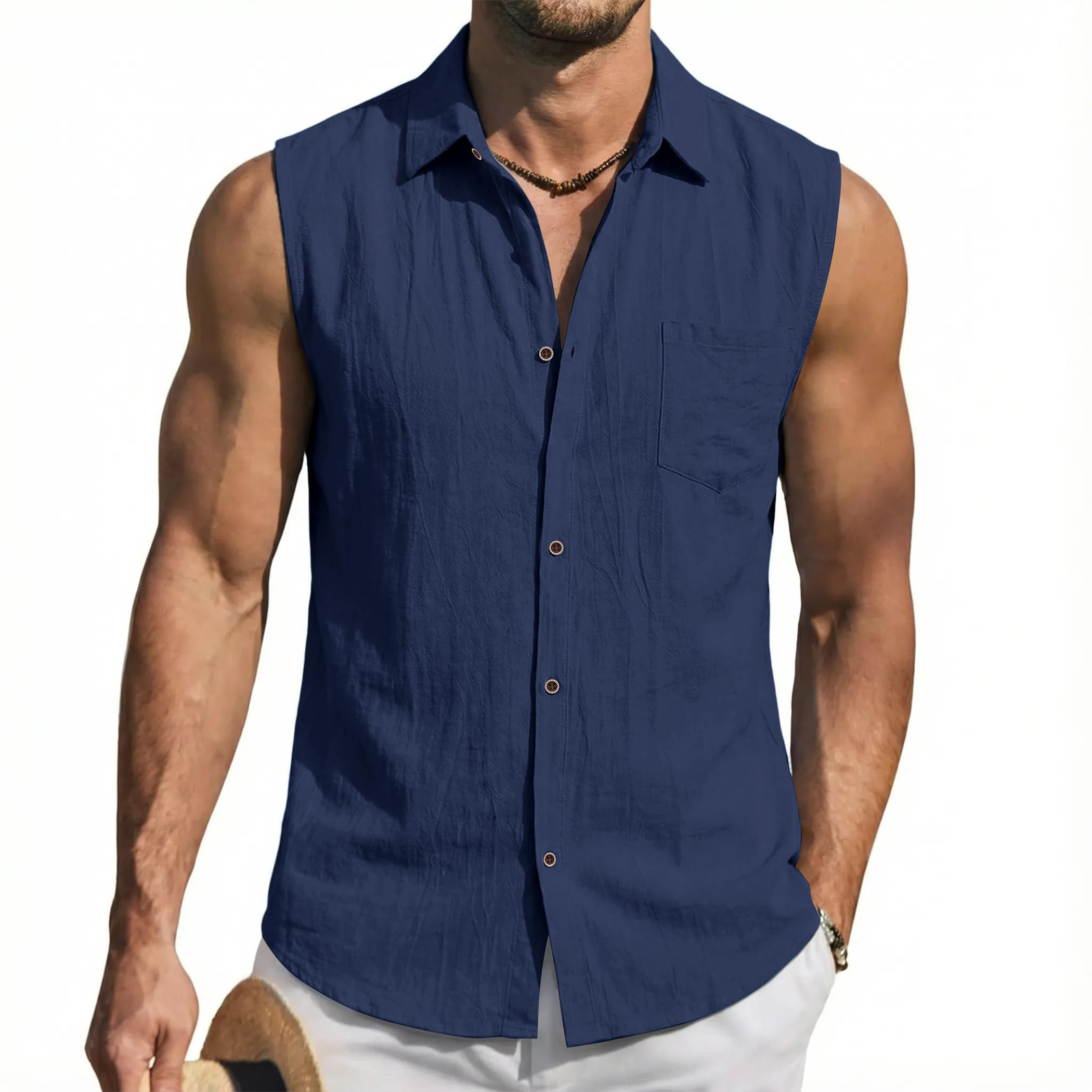 Mens Linen Sleeveless Button Down Tank Shirt