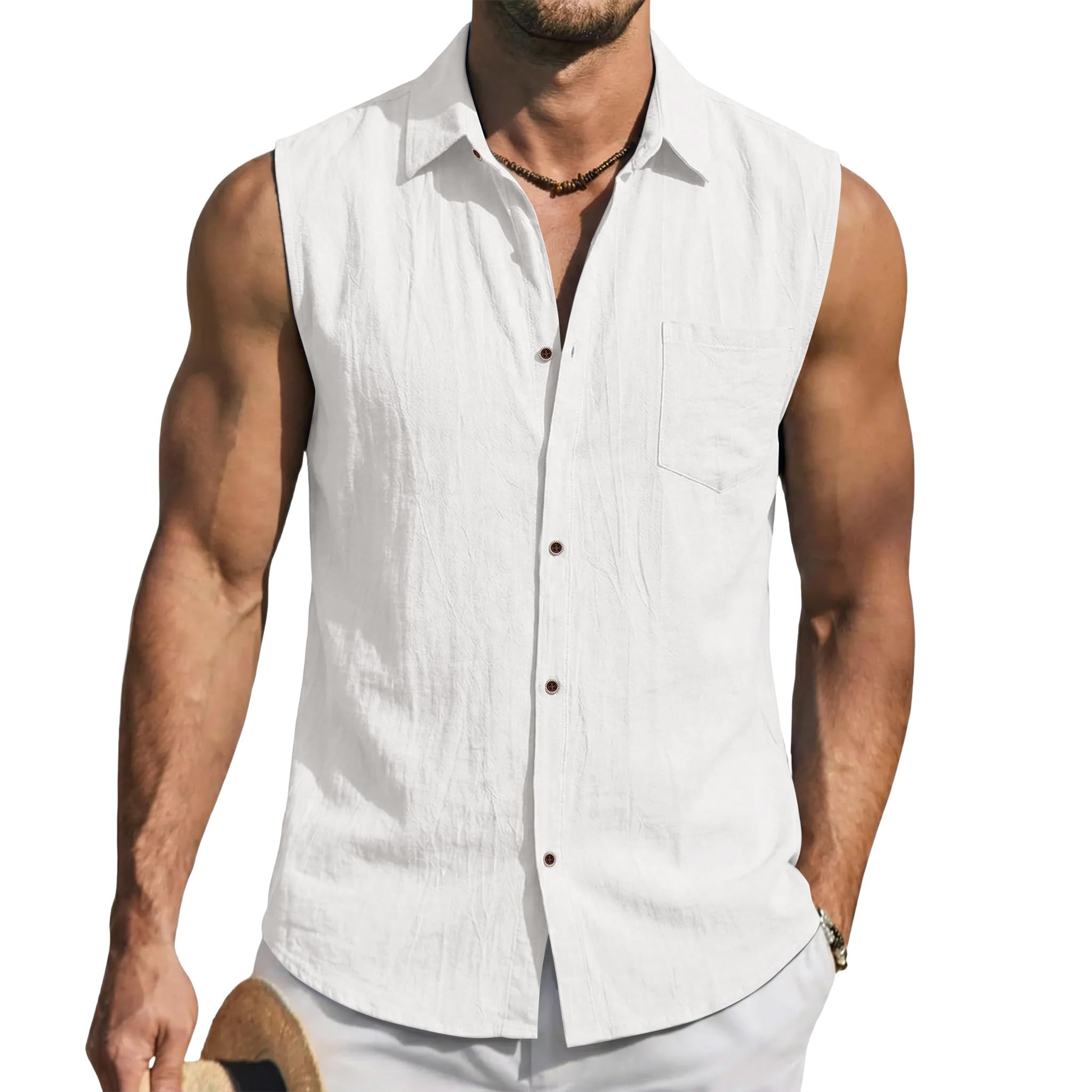 Mens Linen Sleeveless Button Down Tank Shirt