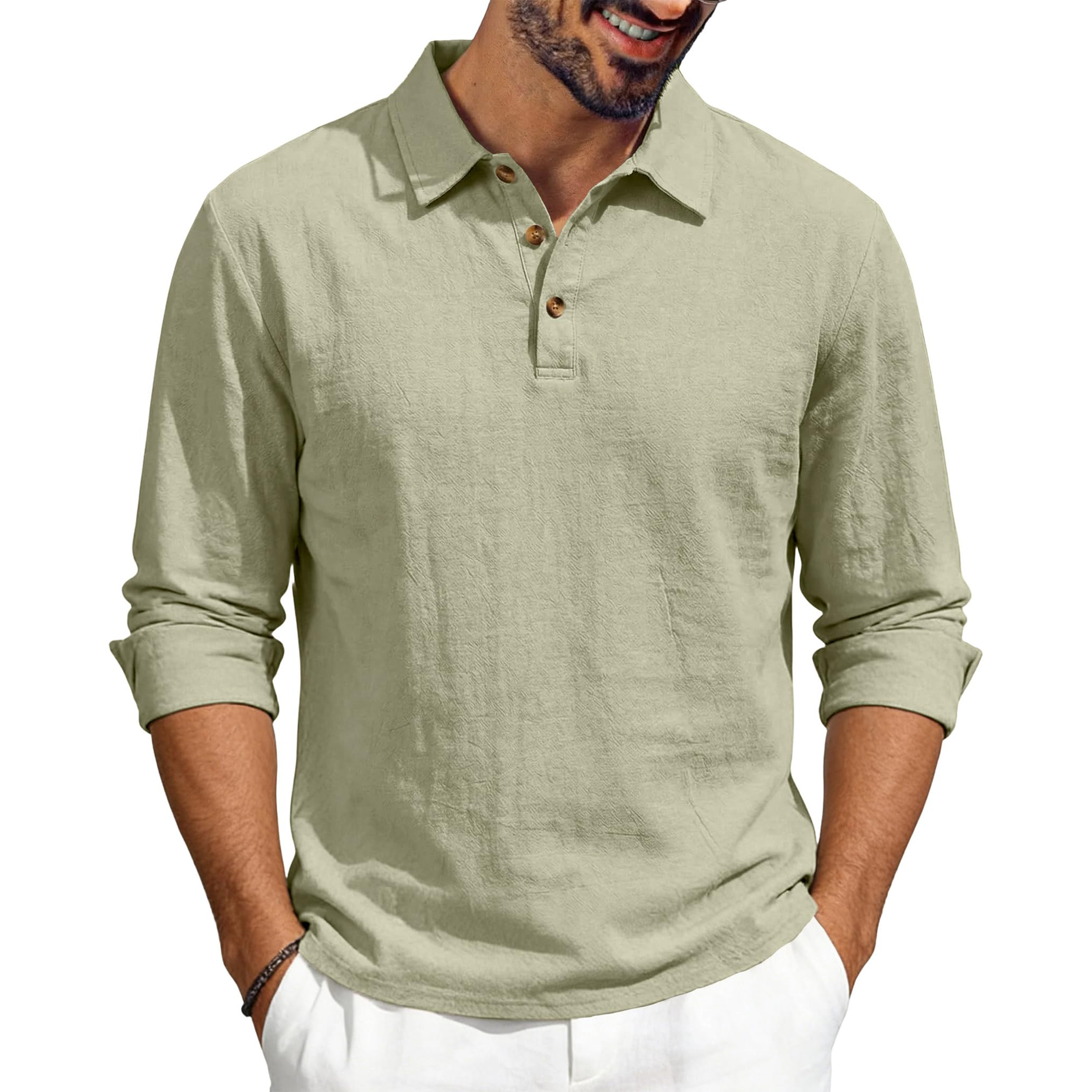 Men's Casual Linen Long Sleeve Polo Shirt