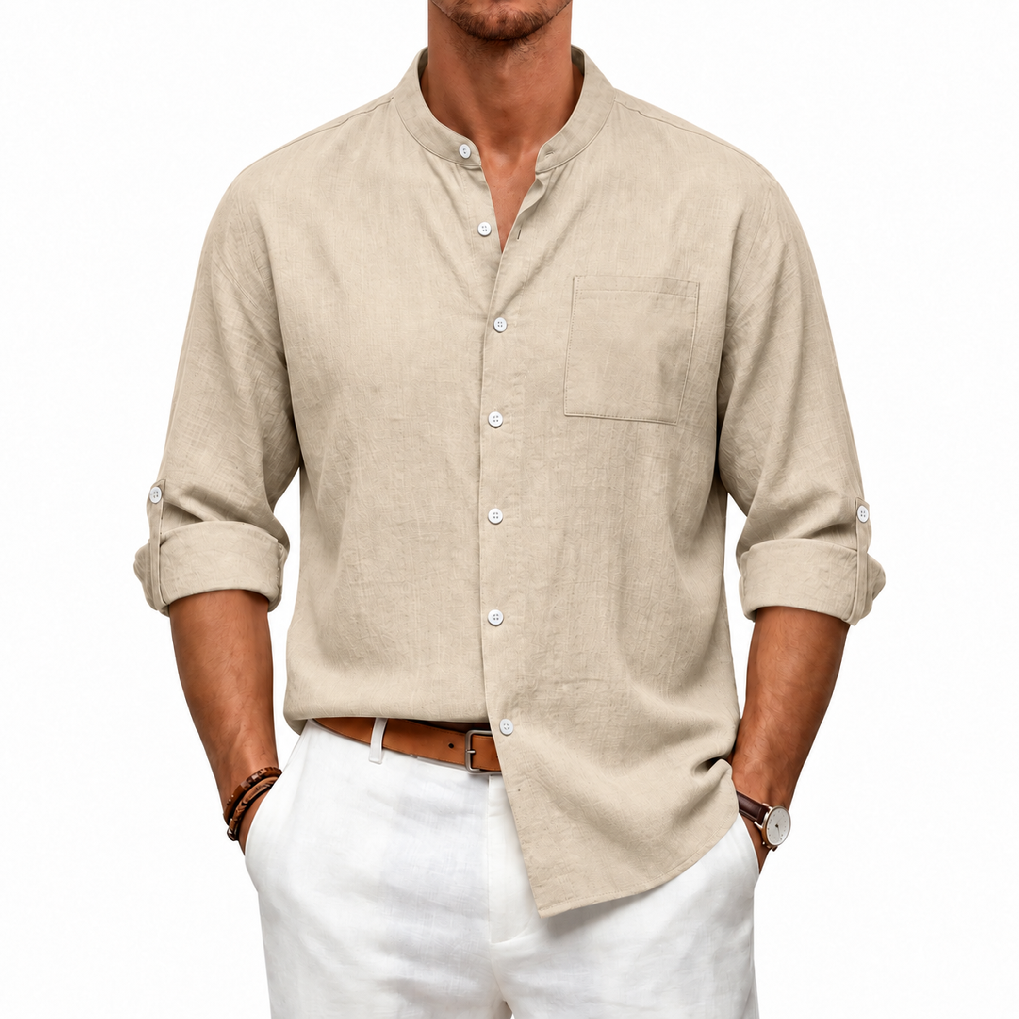 Men's Linen Band Collar Long Sleeve Shirt