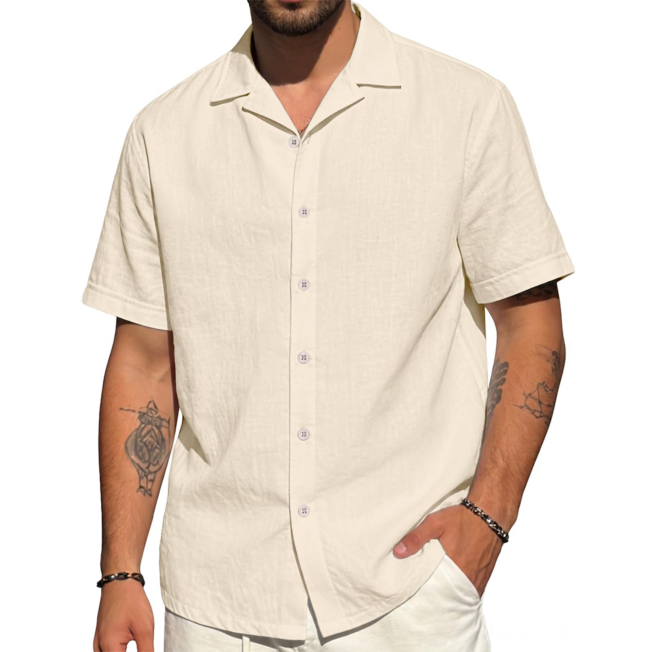 Men's Cotton Linen Button-Up Short Sleeve Shirt