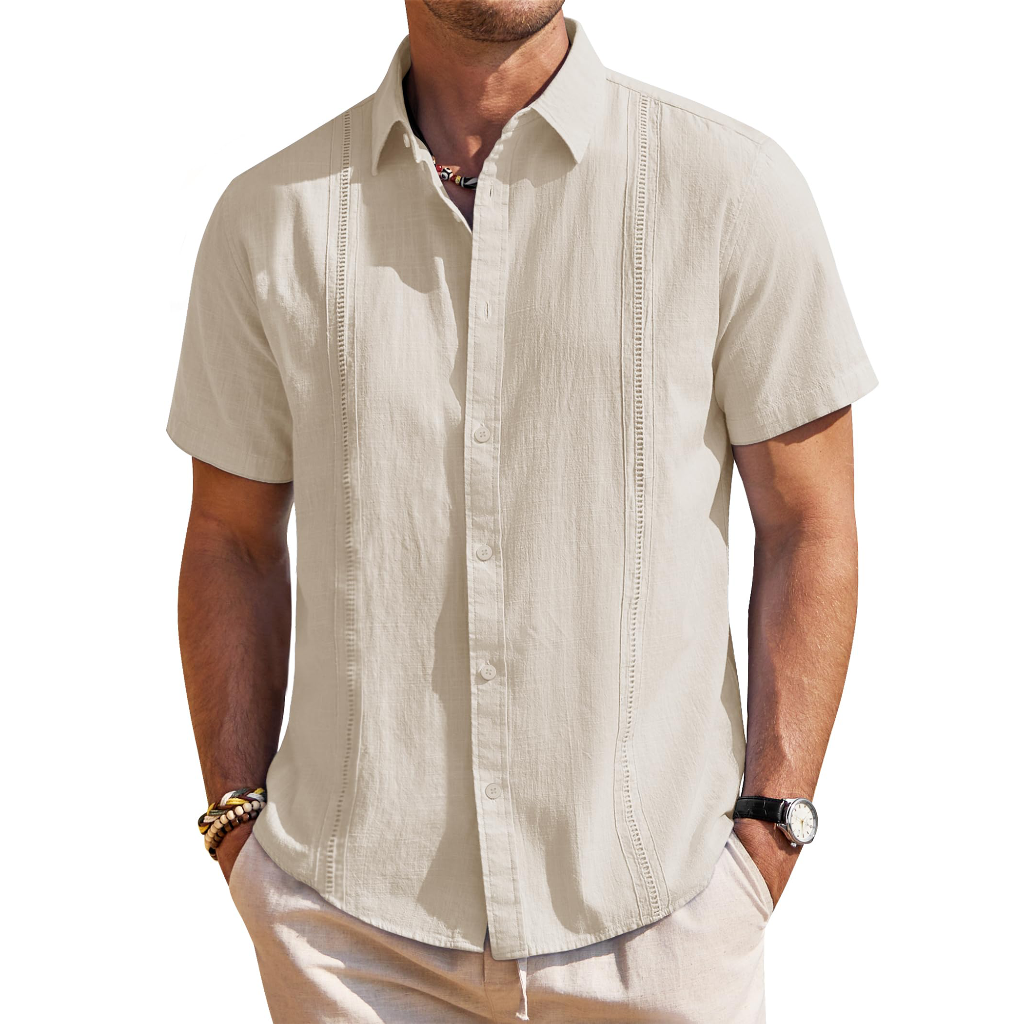 Men's Textured Jacquard Short Sleeve Button Down Shirt