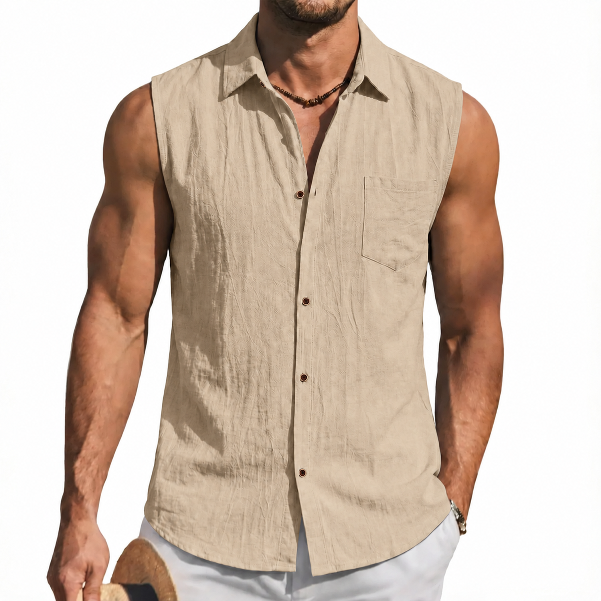 Mens Linen Sleeveless Button Down Tank Shirt