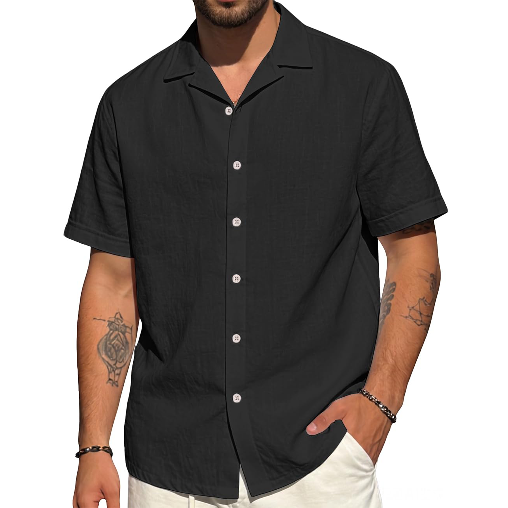 Men's Cotton Linen Button-Up Short Sleeve Shirt