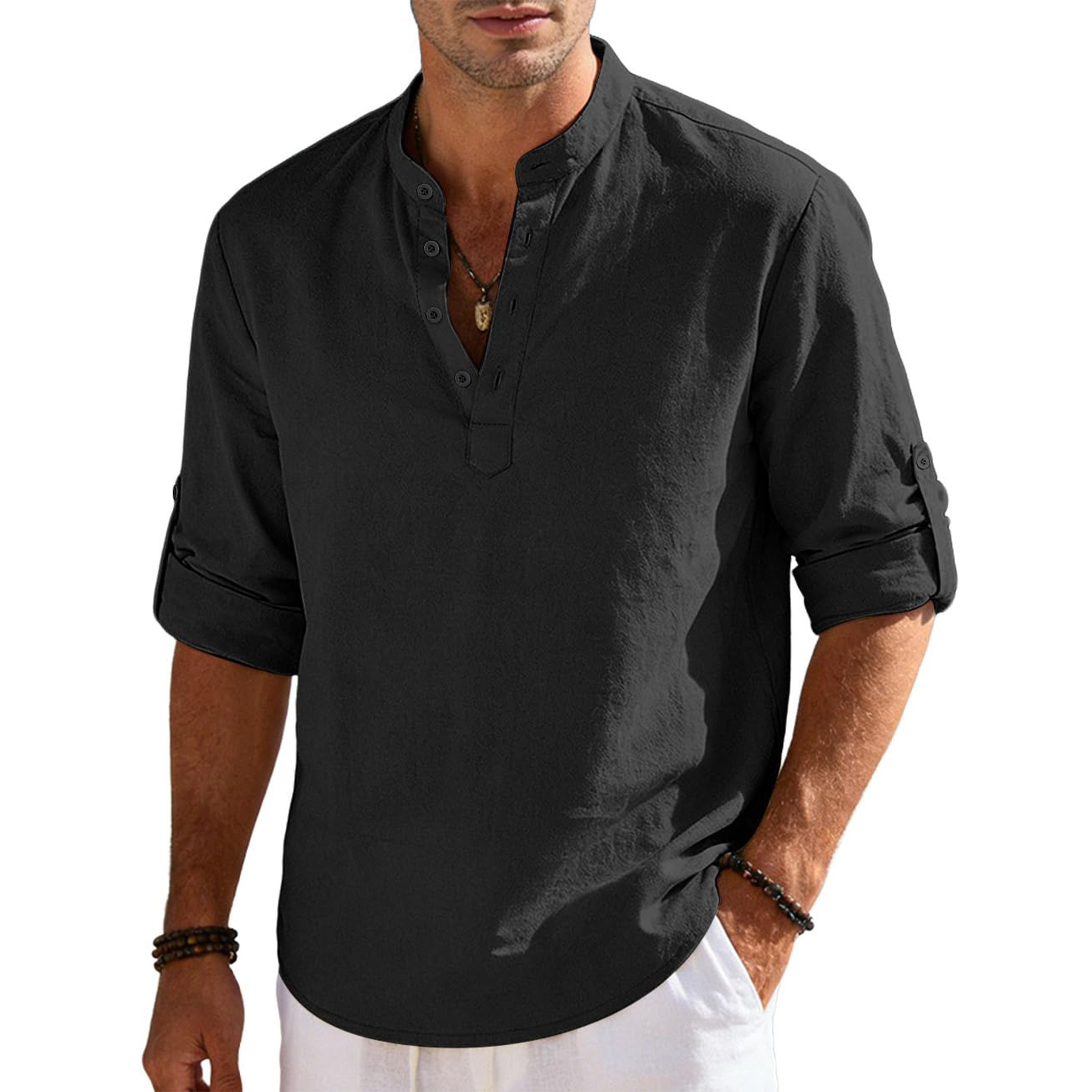 Men's Cotton Linen Long Sleeve Henley Shirts