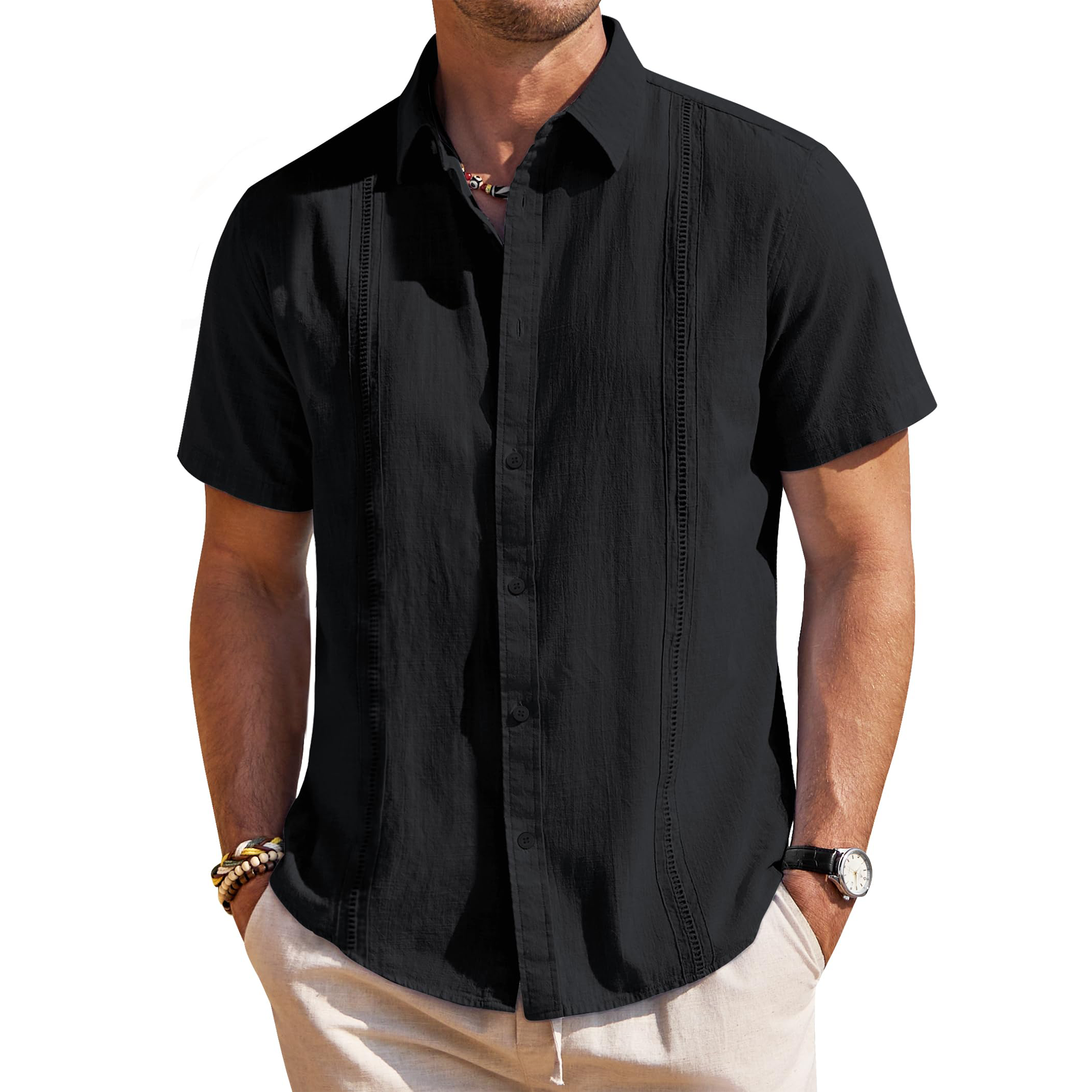 Men's Textured Jacquard Short Sleeve Button Down Shirt