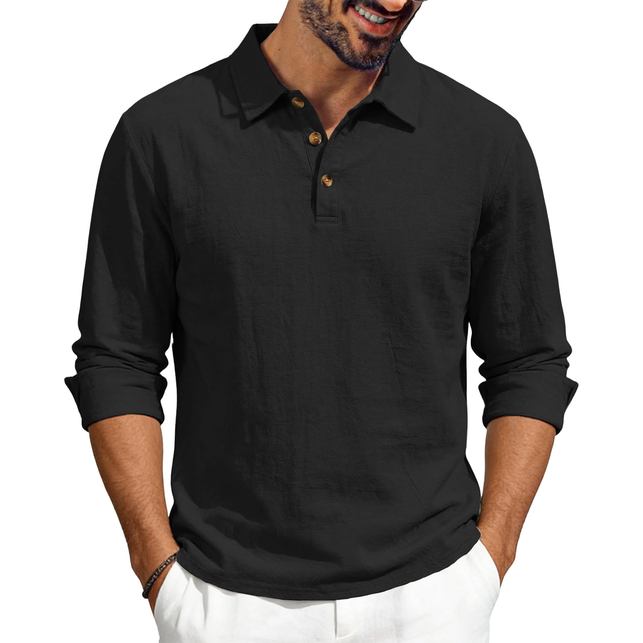Men's Casual Linen Long Sleeve Polo Shirt