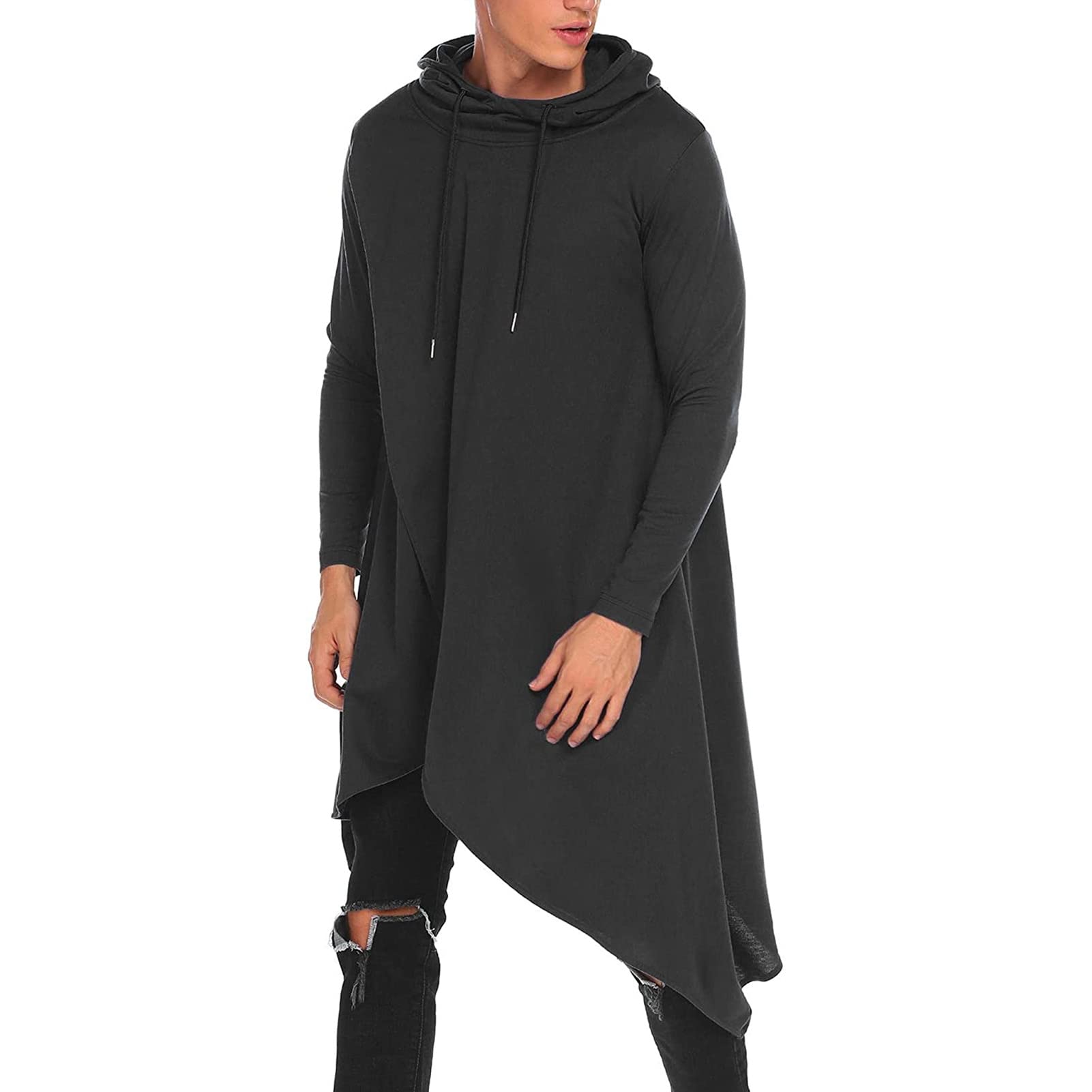 Men Plus Solid Drawstring Hooded Asymmetrical Hem Longline Sweatshirt