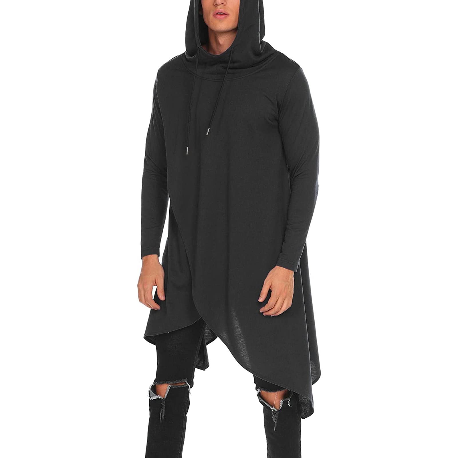 Men Plus Solid Drawstring Hooded Asymmetrical Hem Longline Sweatshirt